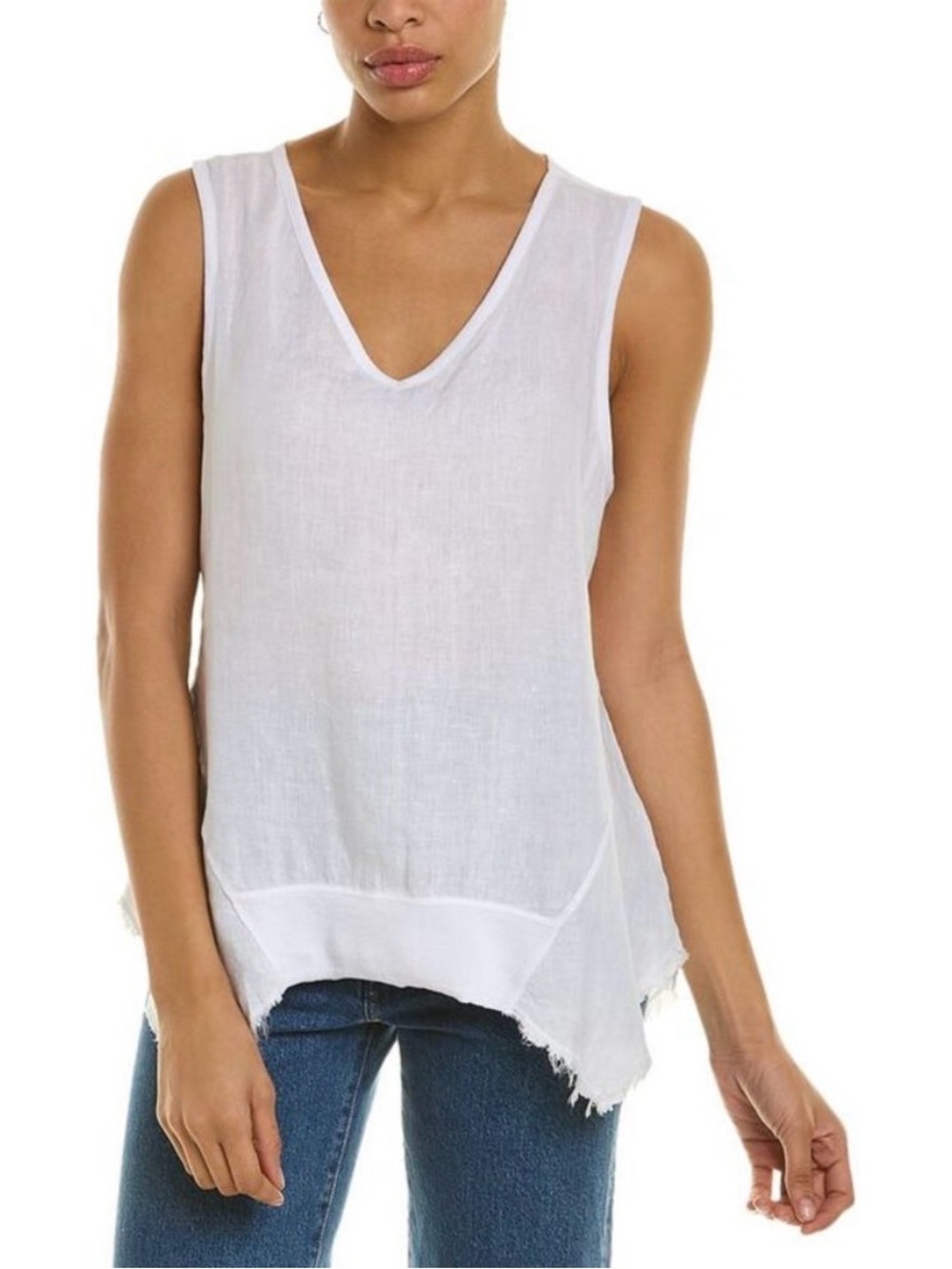 XCVI White Linen Blend V-Neck Button Back High-Low Tank Top Medium lagenlook